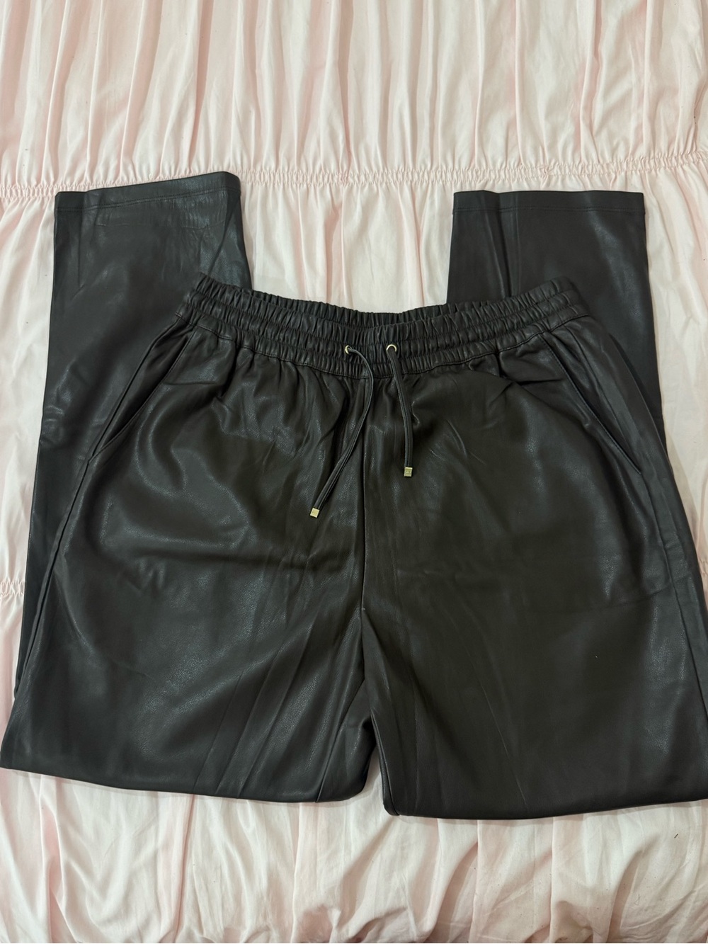 Brown Faux Leather Jogger Pants - Drawstring Waist